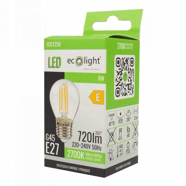 LED FILAMENT pære kugle G45 E27 6W 2700K