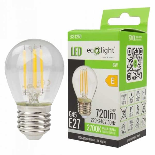 LED FILAMENT pære kugle G45 E27 6W 2700K
