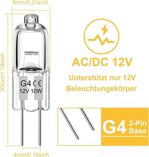 OBOSOE G4 halogenlamper, pærer, varm hvid 2800K, flimmerfri, 10/20W