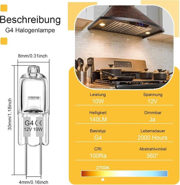 OBOSOE G4 halogenlamper, pærer, varm hvid 2800K, flimmerfri, 10/20W