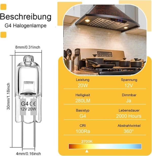 OBOSOE G4 halogenlamper, pærer, varm hvid 2800K, flimmerfri, 10/20W