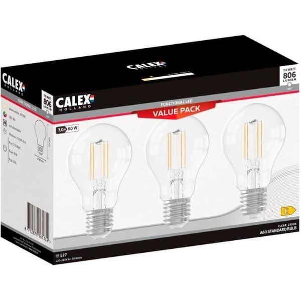E27 LED-pære - CALEX - STANDARD A60 - Lige glødetråd - 7 W - 806 lm - 2700 K - Dæmpbar - Transparent