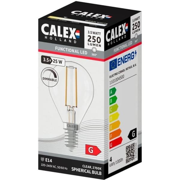 E14 LED-pære - CALEX - BALL P45 - Lige glødetråd - 3,5 W - 250 lm - 2700 K - Dæmpbar - Transparent