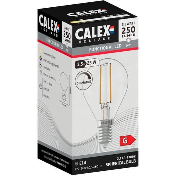 E14 LED-pære - CALEX - BALL P45 - Lige glødetråd - 3,5 W - 250 lm - 2700 K - Dæmpbar - Transparent