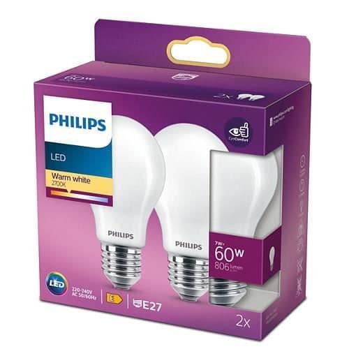 Philips LED-pære tilsvarende 60W E27 Varm hvid, ikke dæmpbar, glas, sæt med 2 stk.