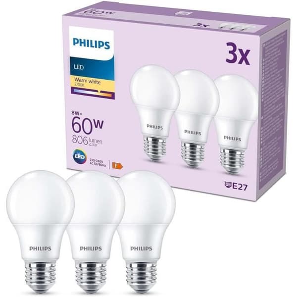 LED-lampe - PHILIPS - 60 W - E27 - Varm hvid - Mat - Ikke dæmpbar - 3 stk.