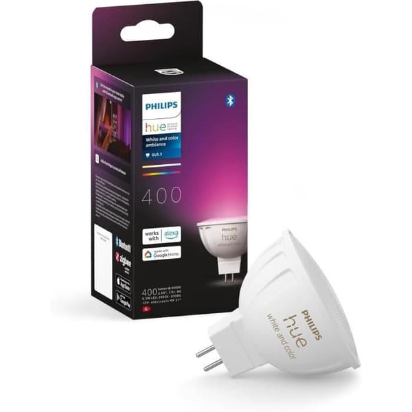 Tilsluttet pære - PHILIPS HUE - MR16 - Hvidt og farvet lys - Bluetooth-kompatibel - Fungerer med app og stemme