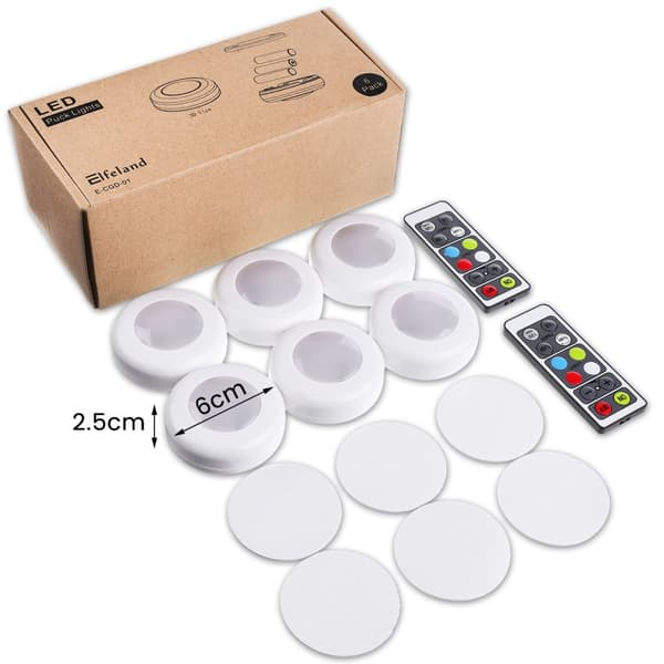 Elfeland 6x Underskabslys Skab Køkkenbord LED Puck Lys+Fjernbetjening RGB