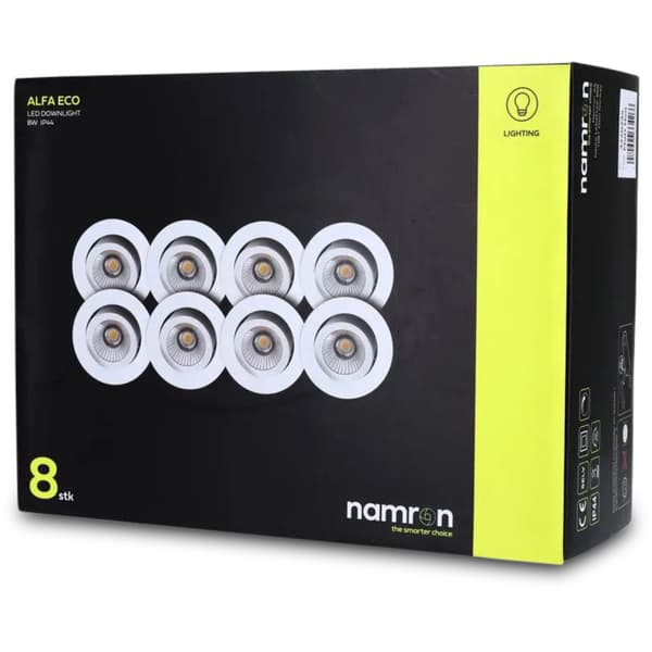 Namron Alfa Eco Downlight 8W matt hvit 8-pack