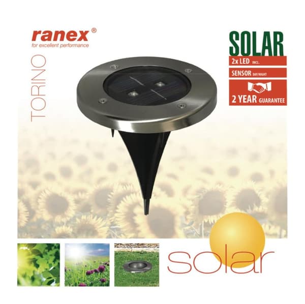 Ranex Ra-5000389 pyöreä LED-aurinkopiste, harjattu ruostumaton teräslasi