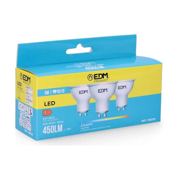 Förpackning med 3 LED-lampor EDM 98209 F 5 W 45 W 38 W GU10 450 lm Ø 5 x 5,5 cm (6400 K)
