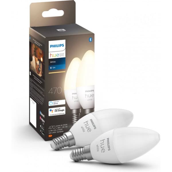 Philips Hue - LED-smartlampe multipak, BT, White, E14, lysestagensformet, 2 stk pakke