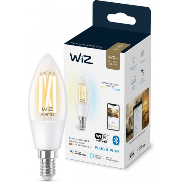 WiZ smartlampe, E14, klart glas, tunable white - hvide lysfarver, Wi-Fi, 2700-6500 K, 470 lm