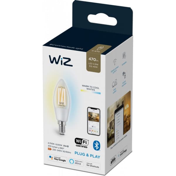 WiZ smartlampe, E14, klart glas, tunable white - hvide lysfarver, Wi-Fi, 2700-6500 K, 470 lm