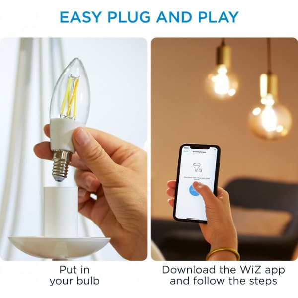 WiZ smartlampe, E14, klart glas, tunable white - hvide lysfarver, Wi-Fi, 2700-6500 K, 470 lm
