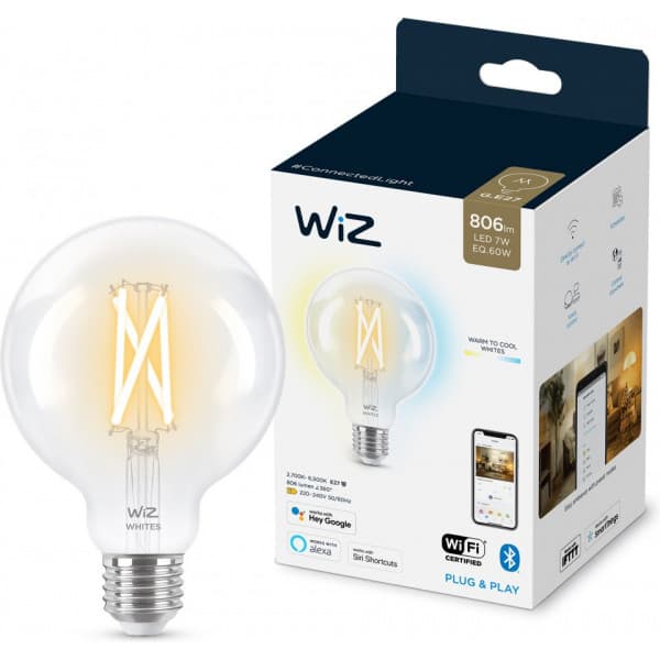 WiZ smartlampa globe, E27, klar glas, tunebar vit - nyanser av vitt ljus, Wi-Fi, 2700-6500 K, 806 lm, 9 cm