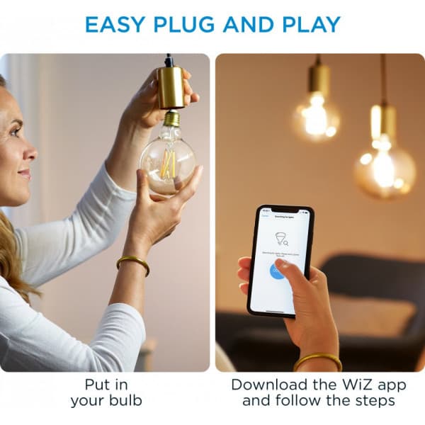 WiZ smartlampa globe, E27, klar glas, tunebar vit - nyanser av vitt ljus, Wi-Fi, 2700-6500 K, 806 lm, 9 cm
