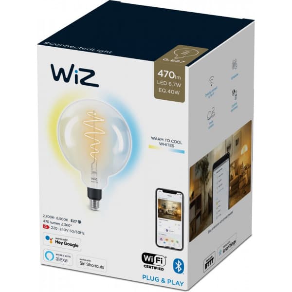 WiZ smartlampa giant globe, E27, klar glas, tunable white - vita ljusnyanser, Wi-Fi, 2700-6500 K, 470 lm, 20 cm