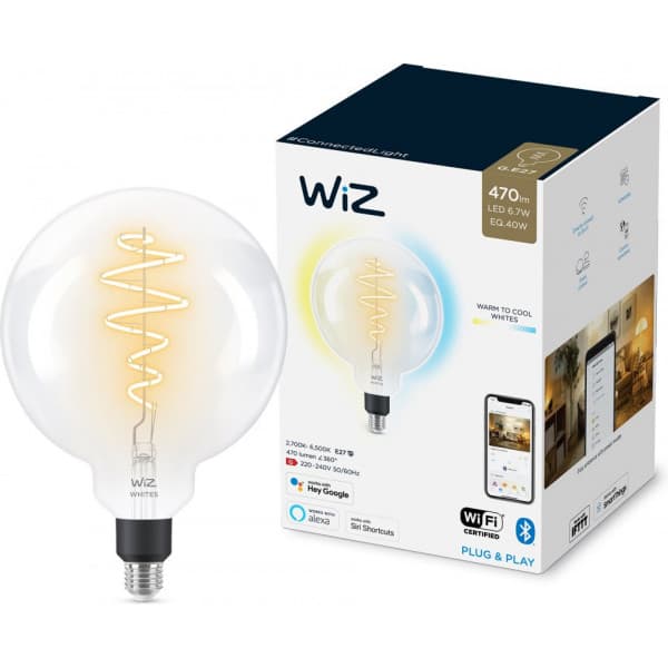 WiZ smartlampa giant globe, E27, klar glas, tunable white - vita ljusnyanser, Wi-Fi, 2700-6500 K, 470 lm, 20 cm