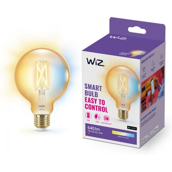 WiZ smartlampa globe, E27, bärnstenfärgat glas, tunable white - vitt ljusnyanser, Wi-Fi, 2000-5000 K, 640 lm, 9 cm