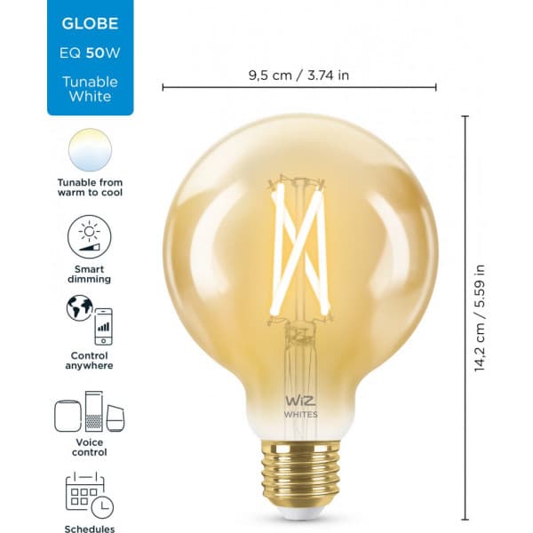 WiZ smartlampa globe, E27, bärnstenfärgat glas, tunable white - vitt ljusnyanser, Wi-Fi, 2000-5000 K, 640 lm, 9 cm