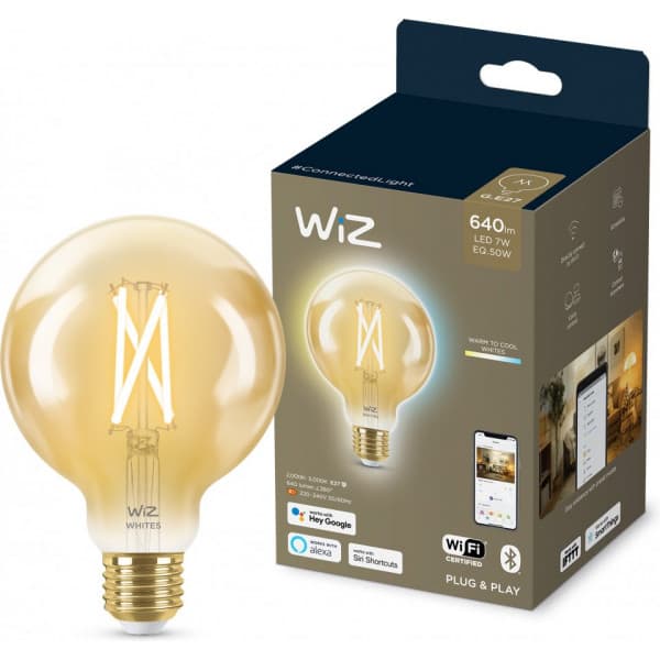 WiZ smartlampe globe, E27, ravfarvet glas, Wi-Fi, 2000-5000 K
