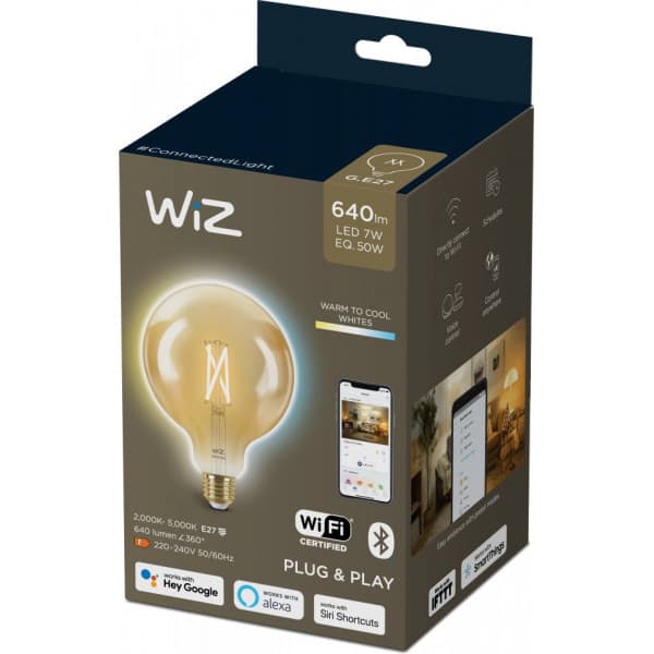 WiZ smartlampe globe, E27, ravfarvet glas, Wi-Fi, 2000-5000 K