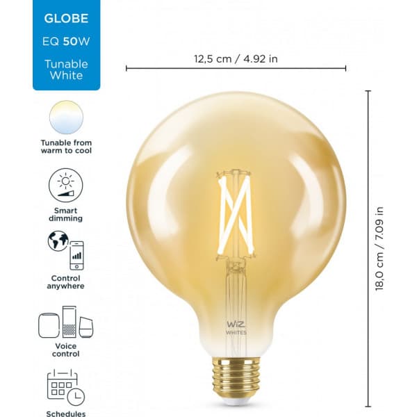 WiZ smartlampe globe, E27, ravfarvet glas, Wi-Fi, 2000-5000 K