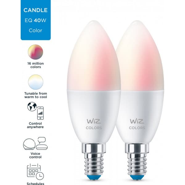 WiZ smartlampe, E14, RGBW - alle farver og nuancer af hvidt lys, Wi-Fi, 470 lm, 2-pak