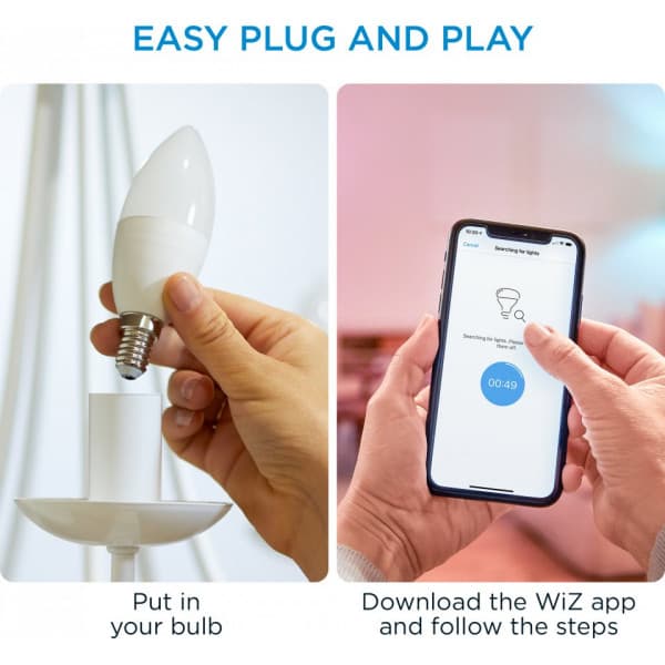 WiZ smartlampe, E14, RGBW - alle farver og nuancer af hvidt lys, Wi-Fi, 470 lm, 2-pak