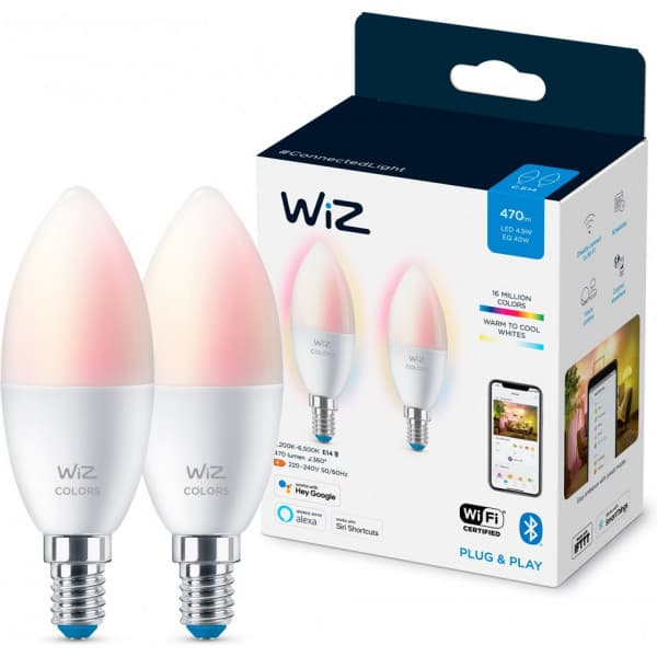 WiZ smartlampe, E14, RGBW - alle farver og nuancer af hvidt lys, Wi-Fi, 470 lm, 2-pak