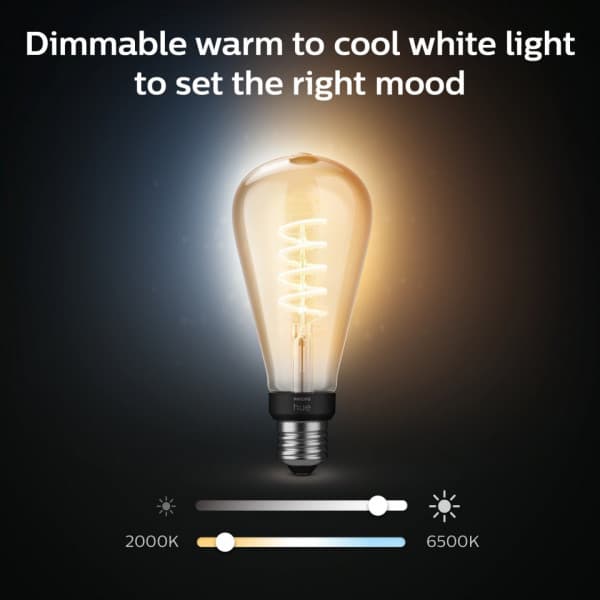 Philips Hue - filamentpære, White ambiance Filament Edison, E27, 550 lm