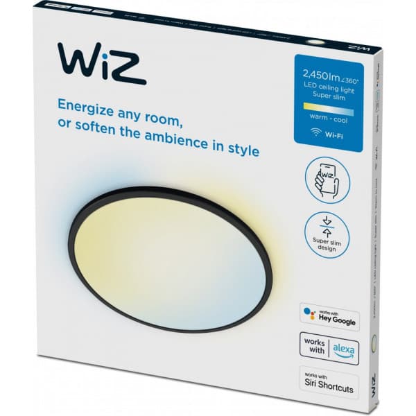 WiZ SuperSlim -loftslampen, 43 cm, rund, sort, justerbar hvid, Wi-Fi