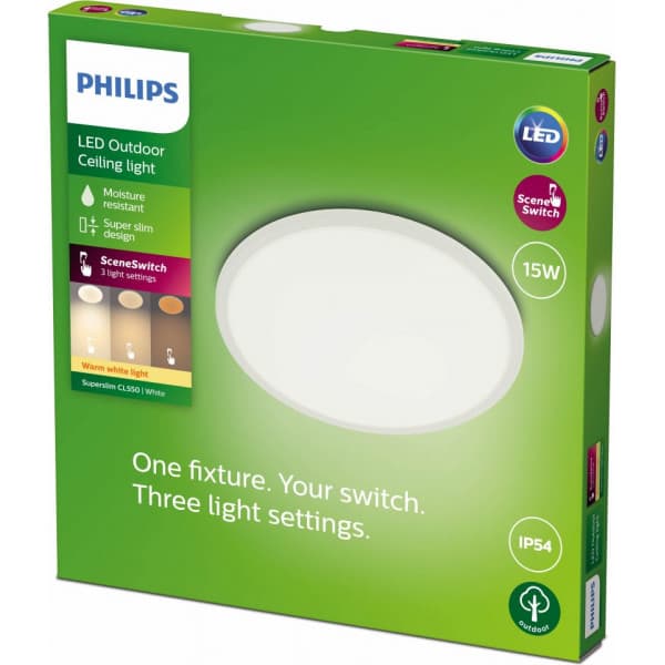 Philips SuperSlim -kattovalaisin ulkokäyttöön, SceneSwitch, valkoinen, IP54, 2700K