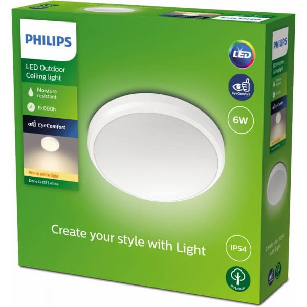 Philips Doris -kattovalaisin ulkokäyttöön, valkoinen, IP54, 2700K