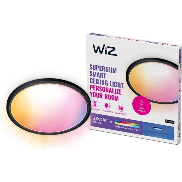 WiZ SuperSlim taklampa, rund, svart, WiFi, 22 W, RGB, 2200-6500 K, 2600 lm