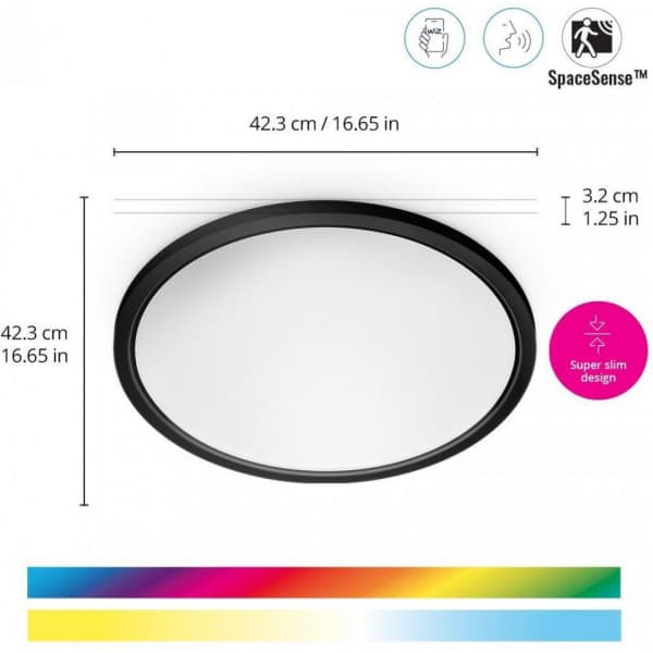 WiZ SuperSlim taklampa, rund, svart, WiFi, 22 W, RGB, 2200-6500 K, 2600 lm