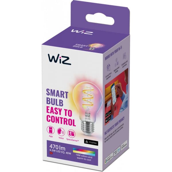 WiZ älylamppu, E27, A60, RGB, Wi-Fi, 2200-6500 K, 470 lm, kirkas, 1 kpl