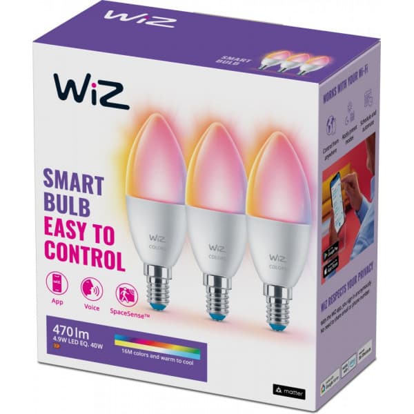 WiZ smartlampe, E14, C37, RGB, Wi-Fi, 2200-6500 K, 470 lm, mat, 3 stk