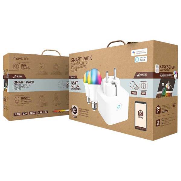 Muvit Io Smart Pack: Smart Plug + 2 2700-6500k E27 A60 10w 2700-6500k E27 A60 10w Glödlampor Vit