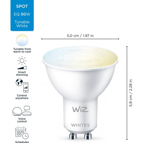 WiZ smartpære, GU10, hvide lysnuancer, Wi-Fi, 2700-6500 K, 345 lm, 2-pak