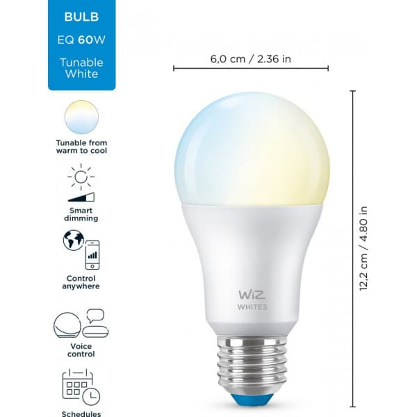 WiZ älylamppu, E27 - valkoisen valon sävyt, Wi-Fi, 2700-6500 K, 806 lm, 2-pack