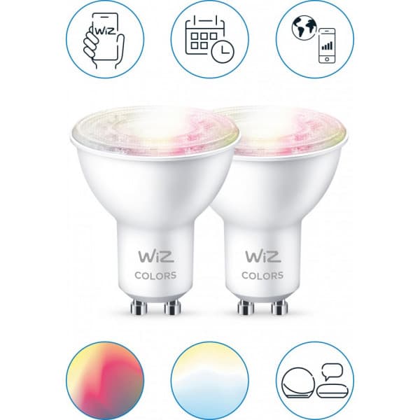WiZ smartpære, GU10, RGBW, alle farver og nuancer af hvidt lys, Wi-Fi, 345 lm, 2-pak