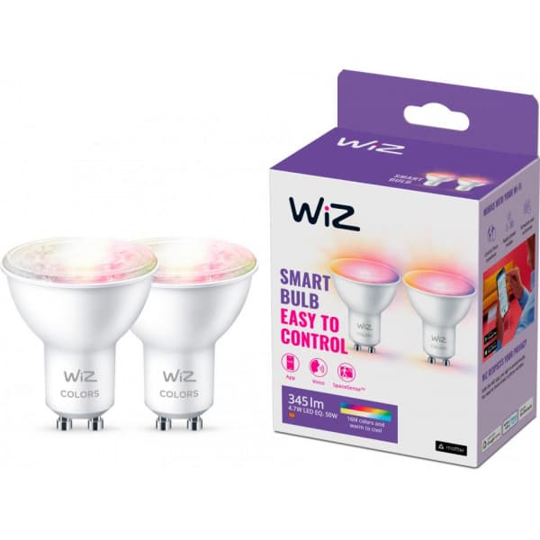 WiZ smartpære, GU10, RGBW, alle farver og nuancer af hvidt lys, Wi-Fi, 345 lm, 2-pak