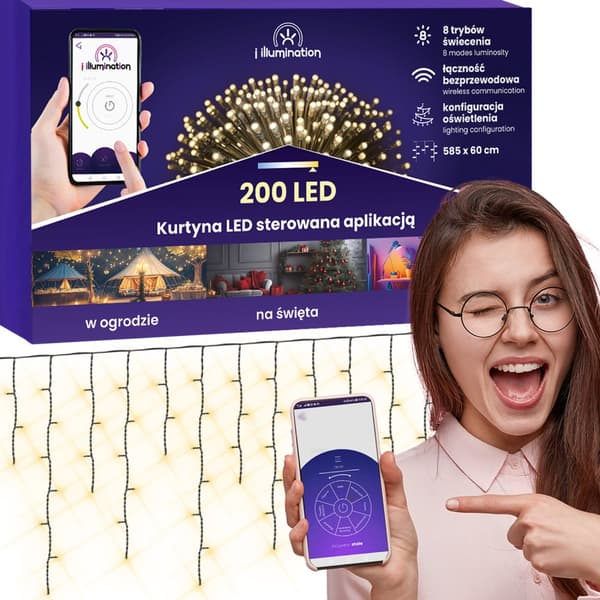 200 LED lysgardin - varm hvid - applikationsstyret