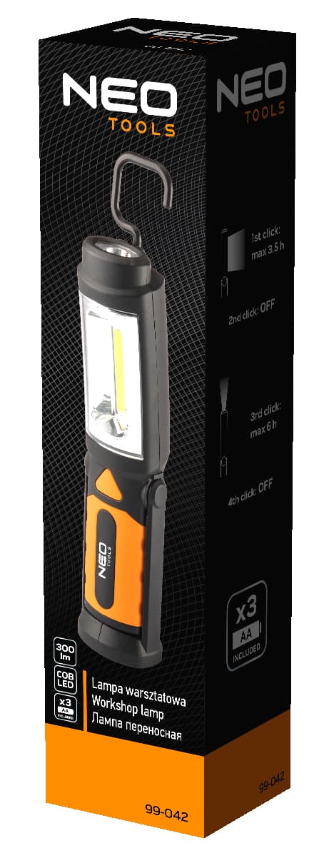 Batteridrevet værkstedslampe 300 lm COB 2 i 1 + 3xAA batterier