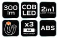 Miniatyrbillede 1 af 9: Batteridrevet værkstedslampe 300 lm COB 2 i 1 + 3xAA batterier