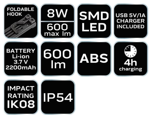 600lm SMD-akkukäyttöinen työpajavalaisin