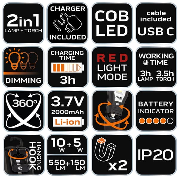 550lm COB LED työpajalamppu + alusta + laturi