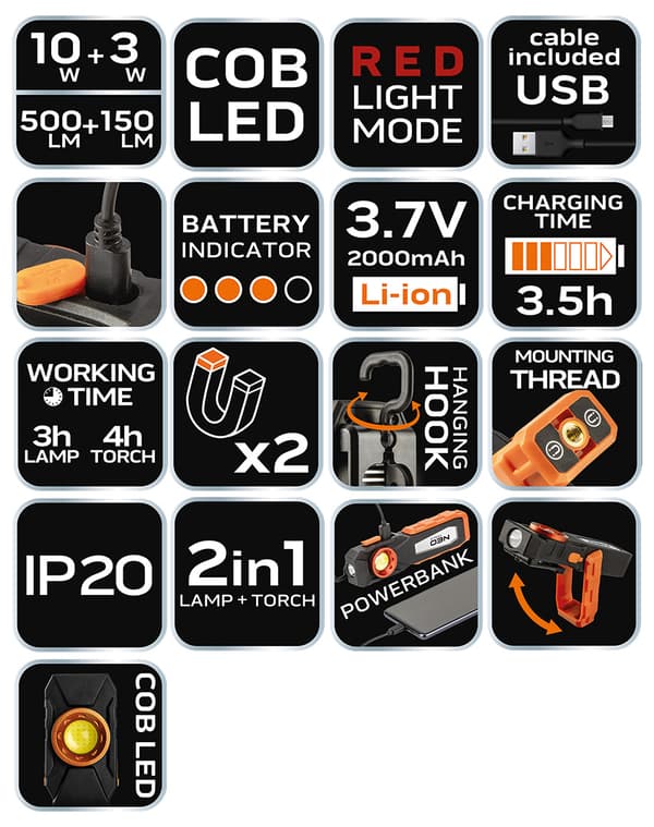 500lm COB LED työpajavalaisin